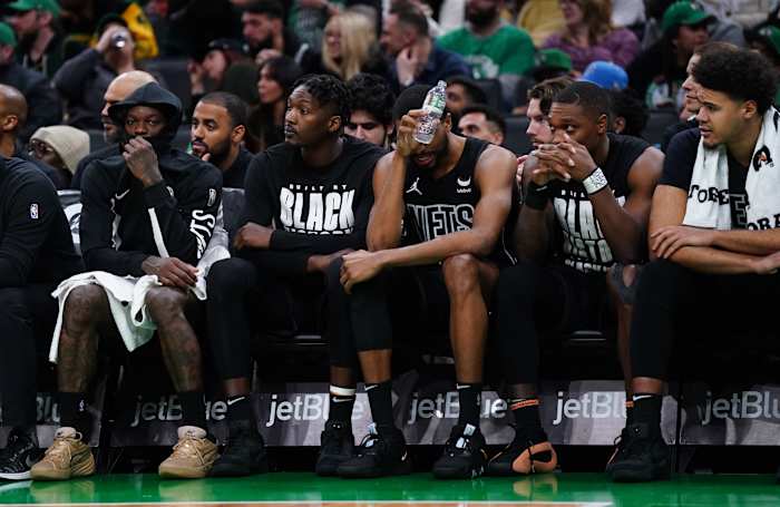 February 14, 2024; The Brooklyn Nets bench looks on as they take on the Boston Celtics in the second half at TD Garden